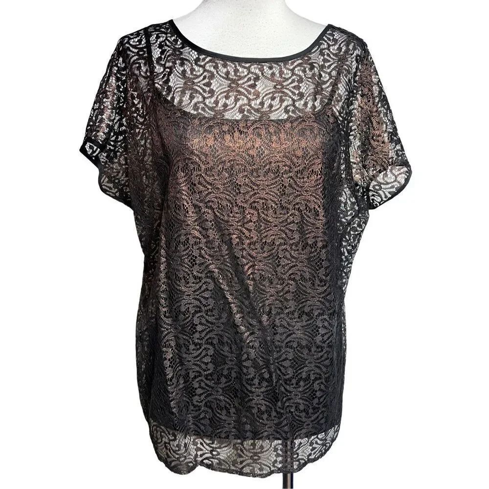 Ann Taylor NWOT Bronze Lace Short Sleeve Blouse with Tank Size M